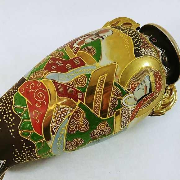 Satsuma Japanese Vase Enamel Moriage Details Gold Immortals 12" Handles - Picture 5 of 9
